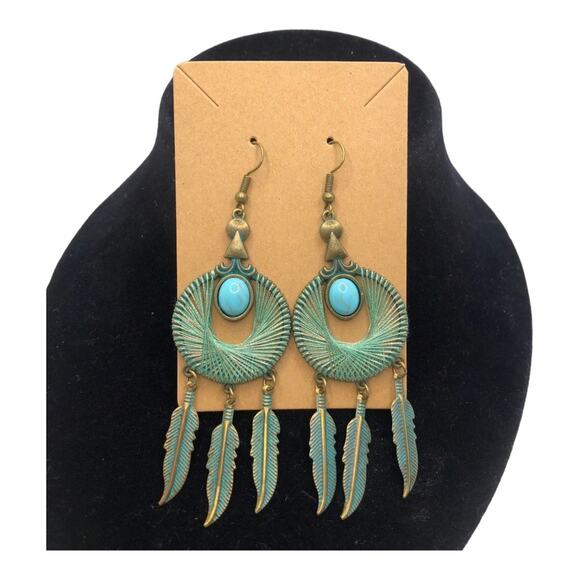 Retro Green Patina Brass Round Hand Wound Feather Wing Leaf Turquoise Earrings - Picture 2 of 12